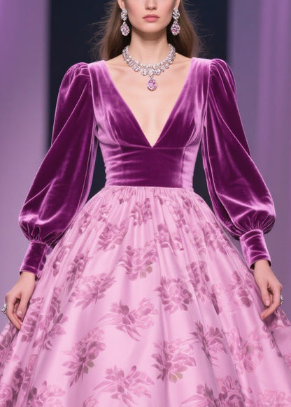 Floral Print Patchwork Silk Velvet Exra Large Hem V Neck Spring