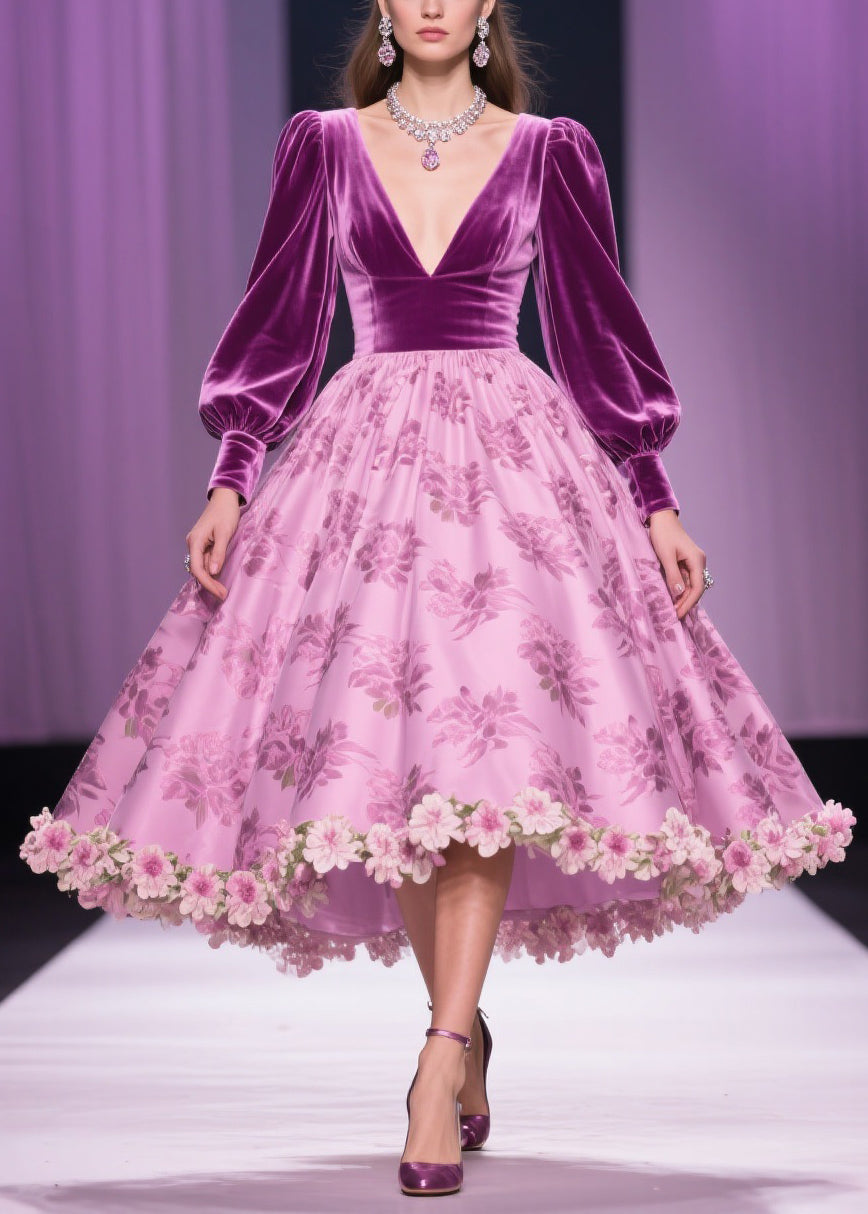 Floral Print Patchwork Silk Velvet Exra Large Hem V Neck Spring