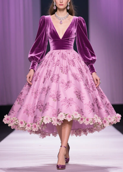 Floral Print Patchwork Silk Velvet Exra Large Hem V Neck Spring