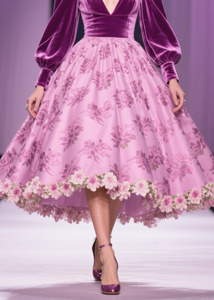 Floral Print Patchwork Silk Velvet Exra Large Hem V Neck Spring