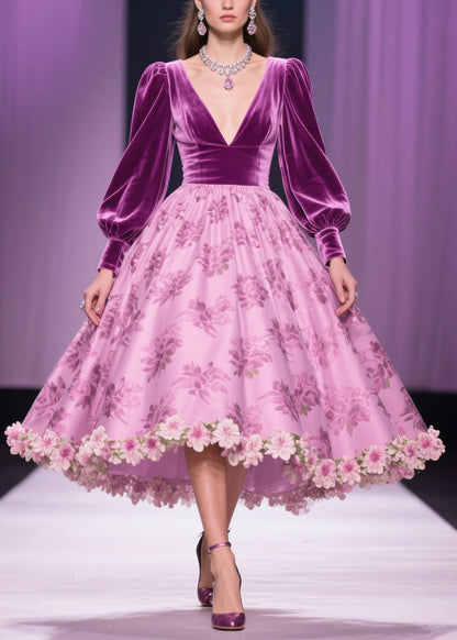 Floral Print Patchwork Silk Velvet Exra Large Hem V Neck Spring