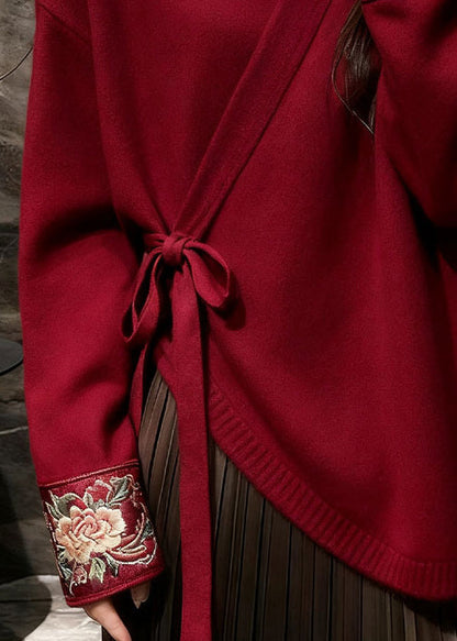 Floral Red V Neck Lace Up Solid Knit Sweater Spring