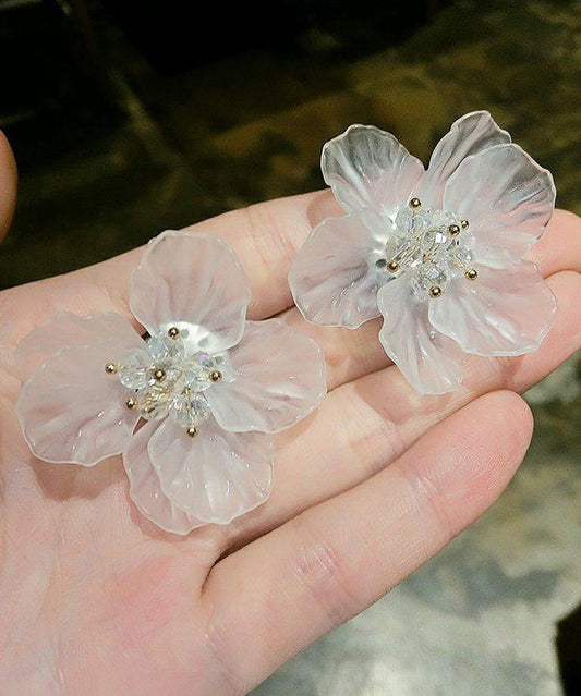 Floral White Crystal Petal Exaggeration Alloy Stud Earrings