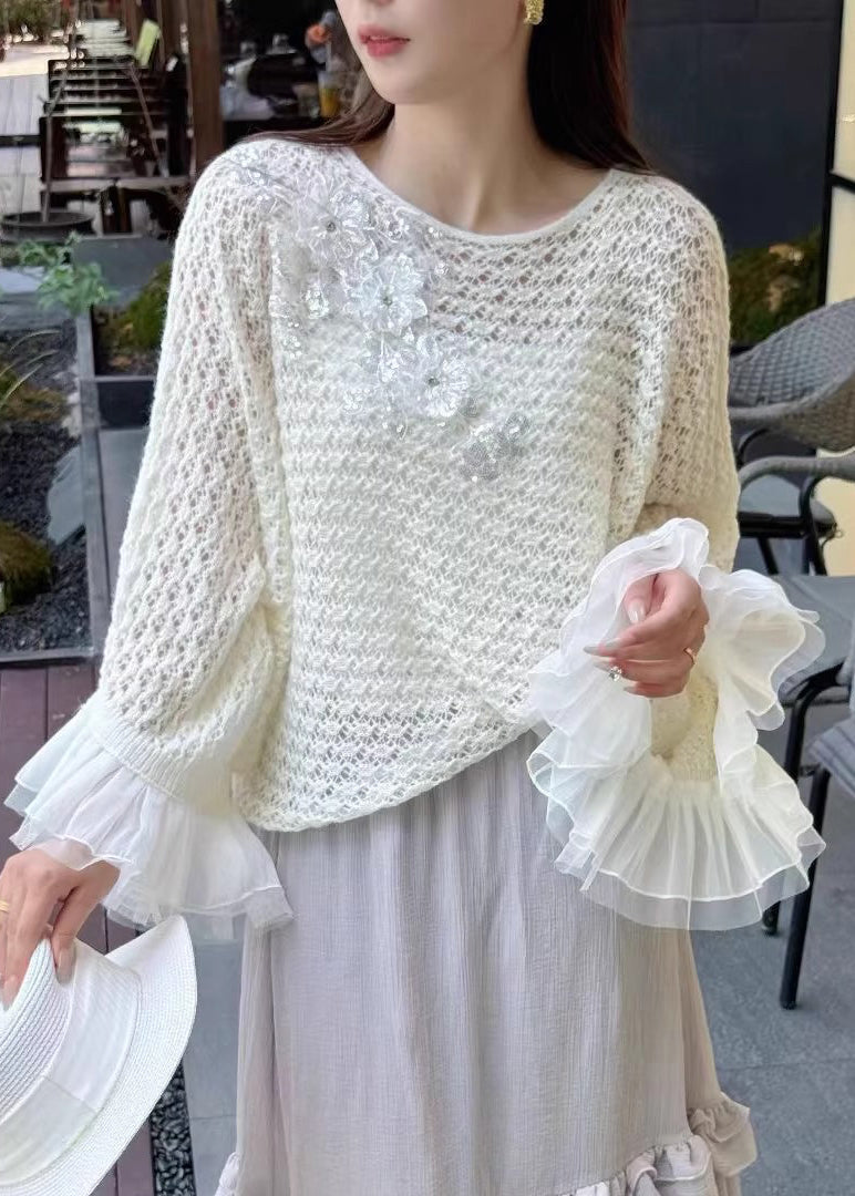 Floral White Hollow Out Patchwork Knit Sweater Fall
