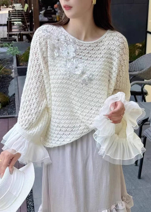 Floral White Hollow Out Patchwork Knit Sweater Fall