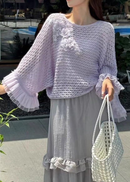 Floral White Hollow Out Patchwork Knit Sweater Fall