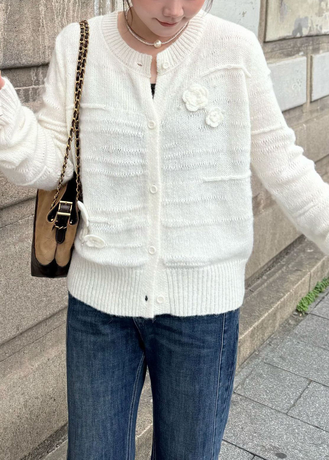 Floral White O Neck Button Cozy Knit Coats Fall