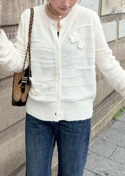 Floral White O Neck Button Cozy Knit Coats Fall