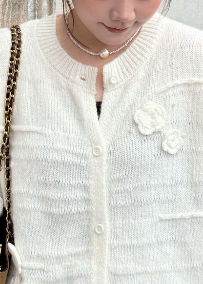 Floral White O Neck Button Cozy Knit Coats Fall