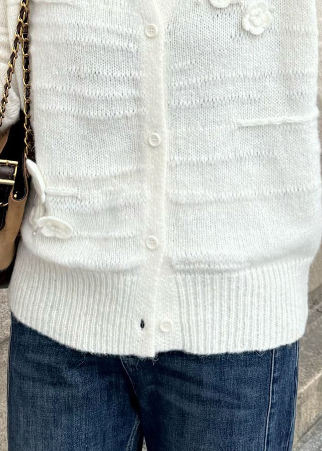 Floral White O Neck Button Cozy Knit Coats Fall