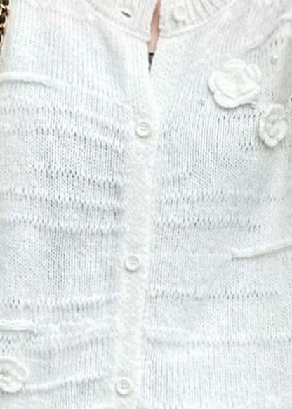 Floral White O Neck Button Cozy Knit Coats Fall