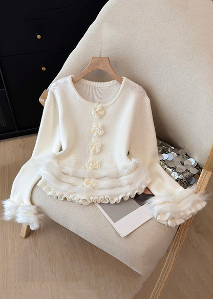 Floral White Ruffled Cozy Patchwork Knit Sweater Tops