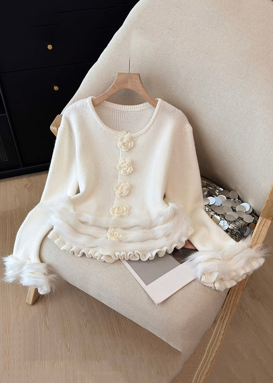 Floral White Ruffled Cozy Patchwork Knit Sweater Tops