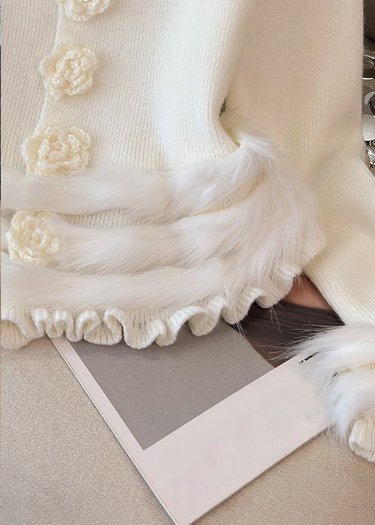 Floral White Ruffled Cozy Patchwork Knit Sweater Tops