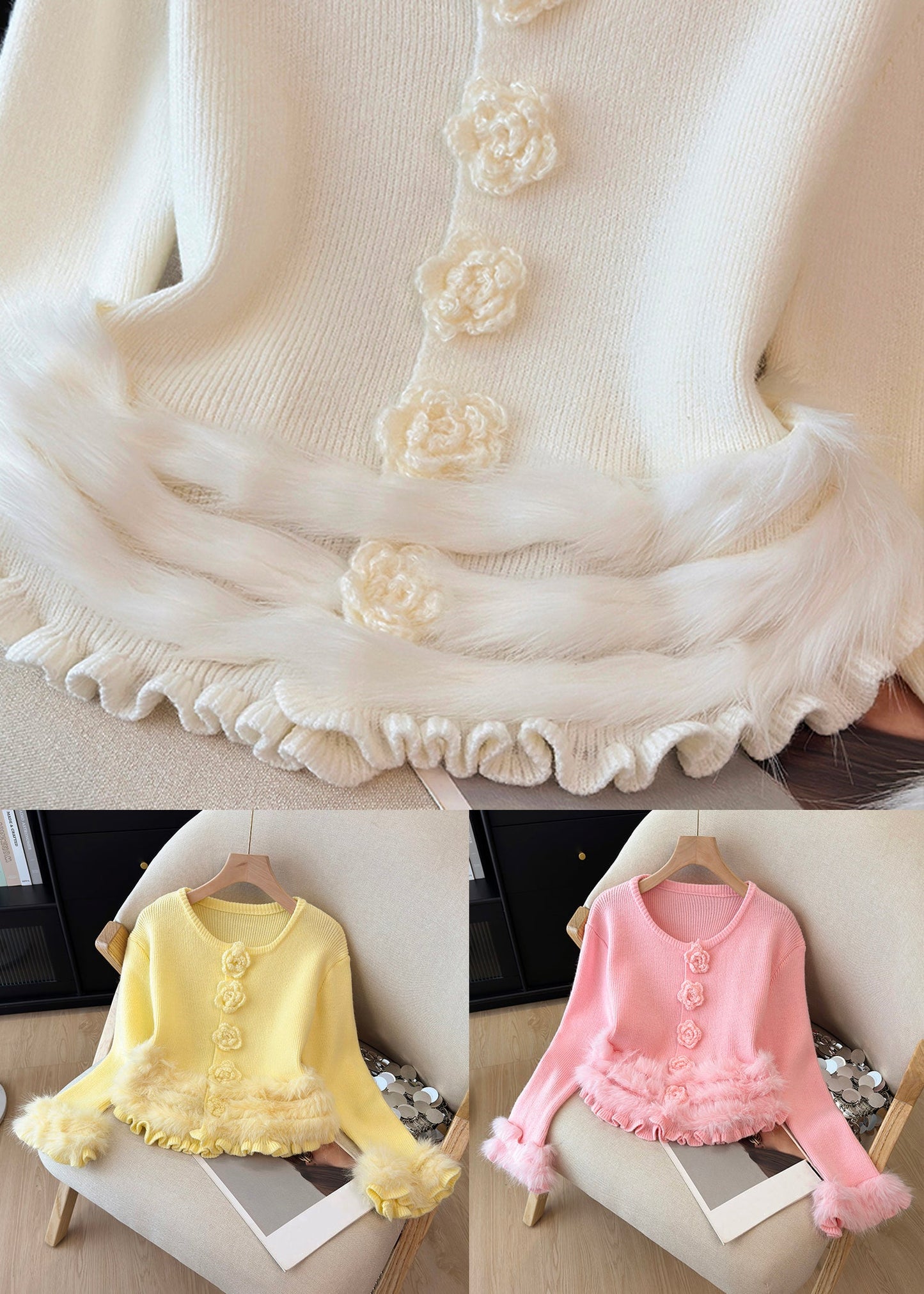 Floral White Ruffled Cozy Patchwork Knit Sweater Tops