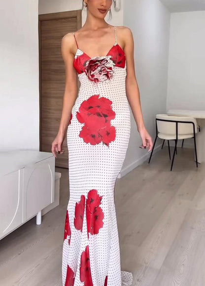 Floral White V Neck Print Chiffon Spaghetti Strap Dress Sleeveless