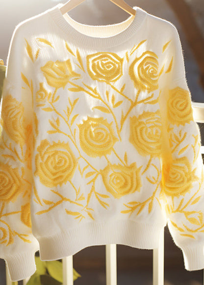 Floral Yellow O Neck Cozy Knit Fall Sweaters