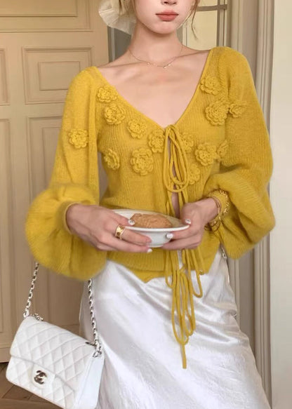 Floral Yellow V Neck Lace Up Solid Knit Sweaters Fall