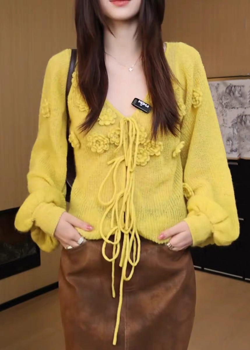 Floral Yellow V Neck Lace Up Solid Knit Sweaters Fall