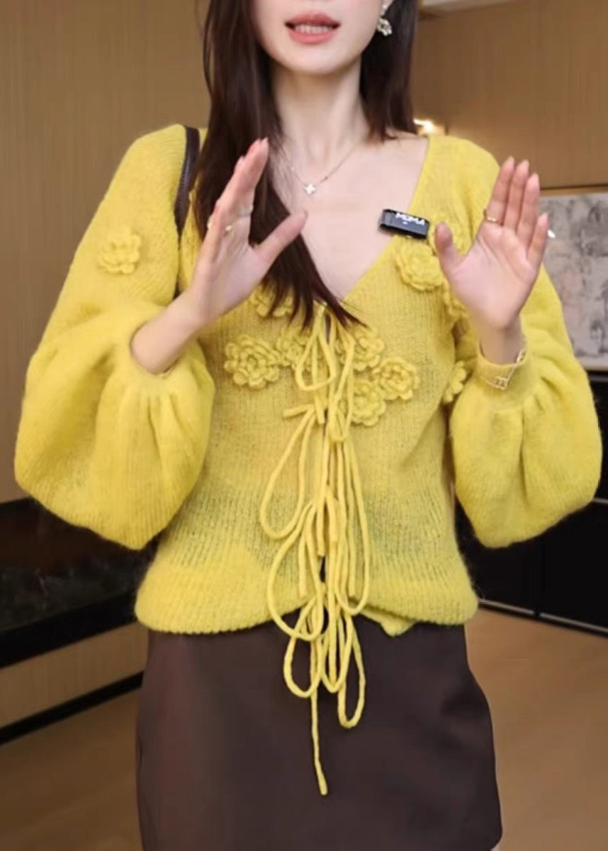 Floral Yellow V Neck Lace Up Solid Knit Sweaters Fall