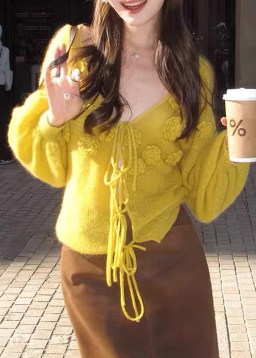 Floral Yellow V Neck Lace Up Solid Knit Sweaters Fall