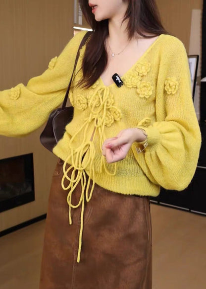 Floral Yellow V Neck Lace Up Solid Knit Sweaters Fall