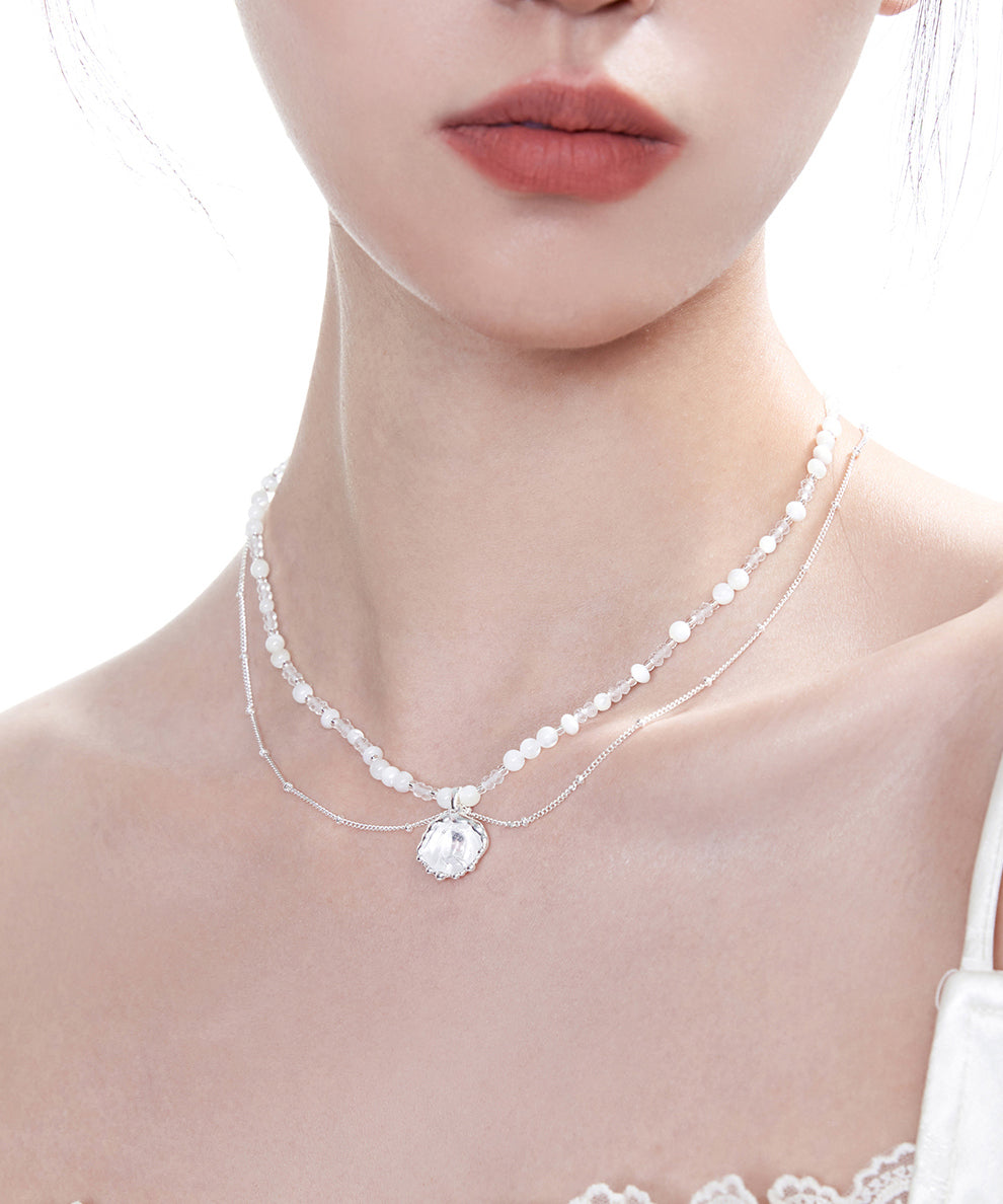 Flower Pendant Crystal Double Layer Chain Silver Plated Choker