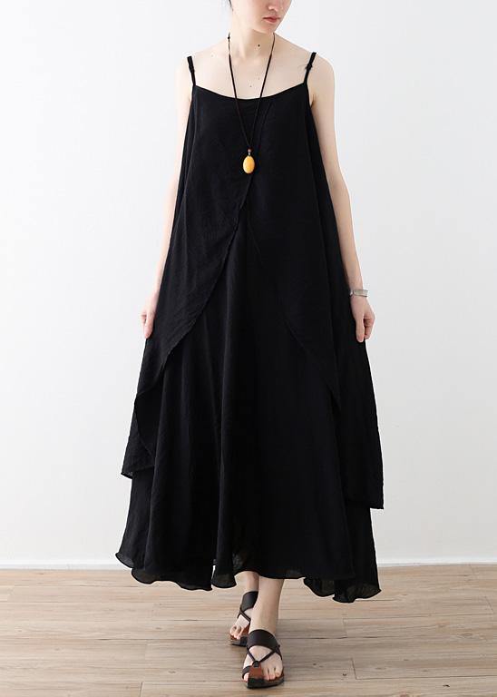 Flowy Spaghetti Strap asymmetric clothes fine Shape black Dress Summer - SooLinen