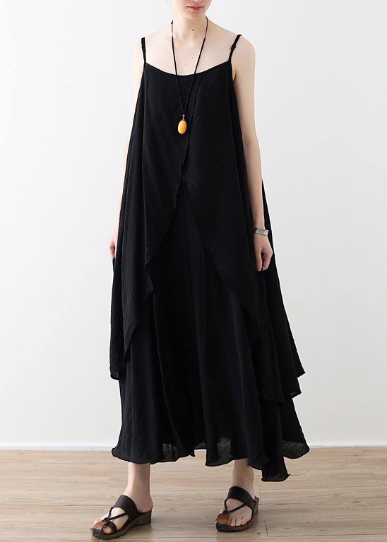 Flowy Spaghetti Strap asymmetric clothes fine Shape black Dress Summer - SooLinen