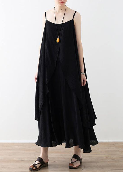 Flowy Spaghetti Strap asymmetric clothes fine Shape black Dress Summer - SooLinen