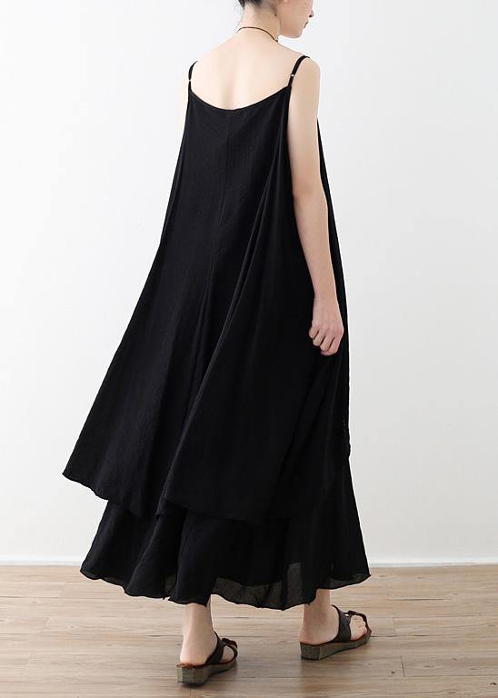 Flowy Spaghetti Strap asymmetric clothes fine Shape black Dress Summer - SooLinen