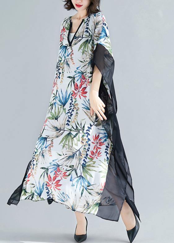 Flowy v neck patchwork chiffon outfit Plus Size Online Shopping white print Kaftan Dresses Summer - SooLinen
