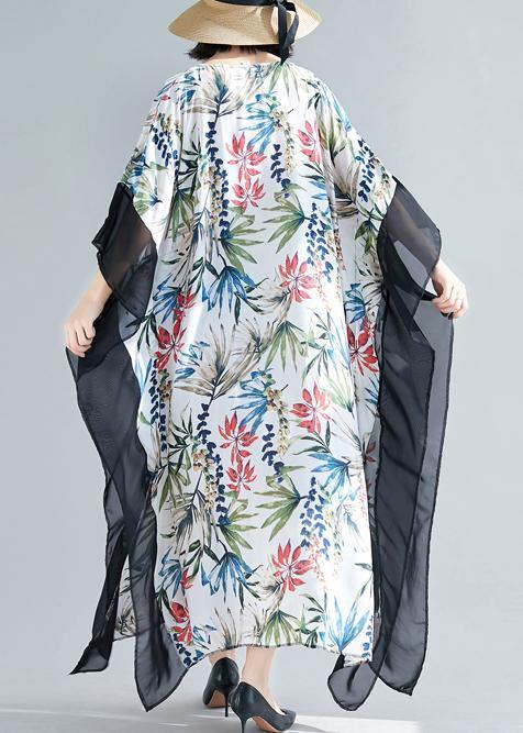 Flowy v neck patchwork chiffon outfit Plus Size Online Shopping white print Kaftan Dresses Summer - SooLinen