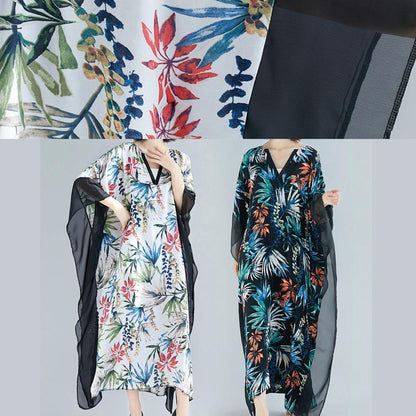 Flowy v neck patchwork chiffon outfit Plus Size Online Shopping white print Kaftan Dresses Summer - SooLinen
