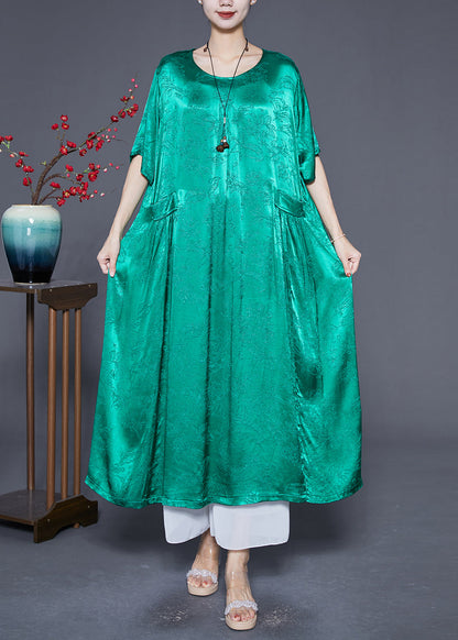 Fluorescent Green Silk Maxi Dresses O-Neck Pockets Summer