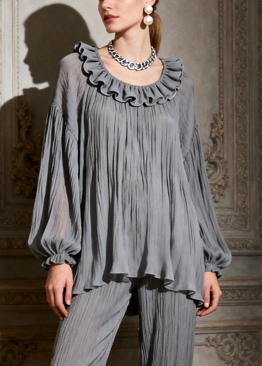 Foggy Gray Ruffled Tops And Crop Pants Two Pieces Set O-Neck Butterfly Sleeve