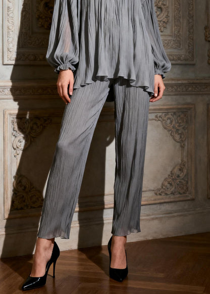 Foggy Gray Ruffled Tops And Crop Pants Two Pieces Set O-Neck Butterfly Sleeve