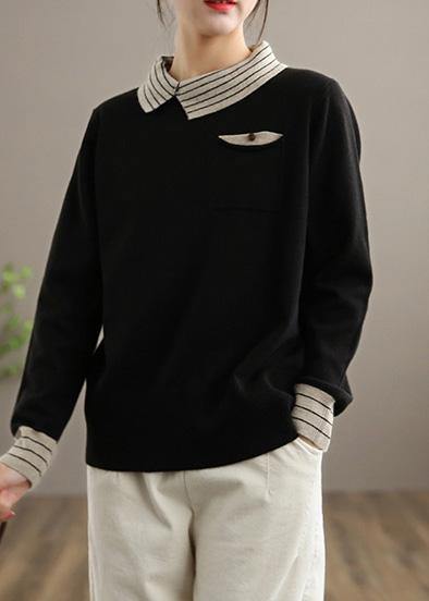 For Spring  Black Knit Tops Clothing Lapel Patchwork Sweater Tops - SooLinen