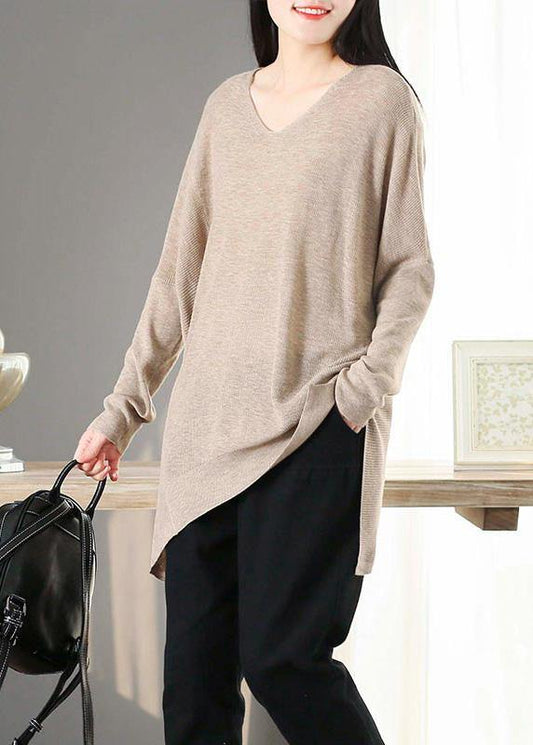 For Spring Nude Clothes V Neck Asymmetric Knit Tops - SooLinen