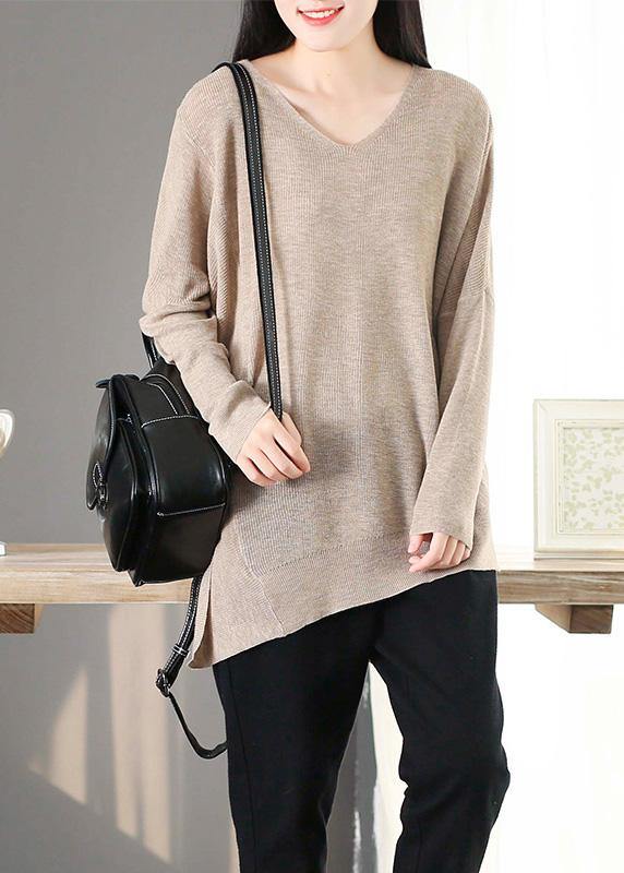 For Spring Nude Clothes V Neck Asymmetric Knit Tops - SooLinen