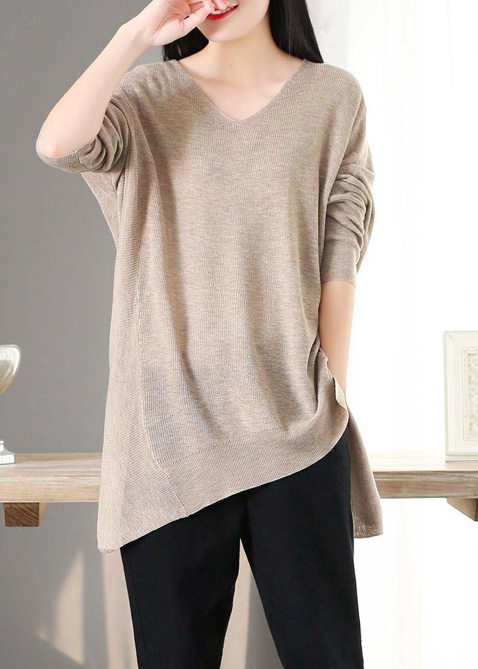 For Spring Nude Clothes V Neck Asymmetric Knit Tops - SooLinen