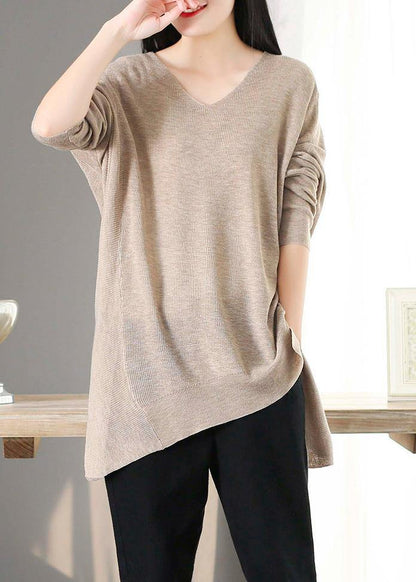 For Spring Nude Clothes V Neck Asymmetric Knit Tops - SooLinen