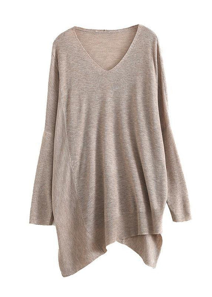 For Spring Nude Clothes V Neck Asymmetric Knit Tops - SooLinen