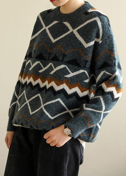 For Spring army green Geometry knitted pullover wild trendy plus size o neck knitwear - SooLinen