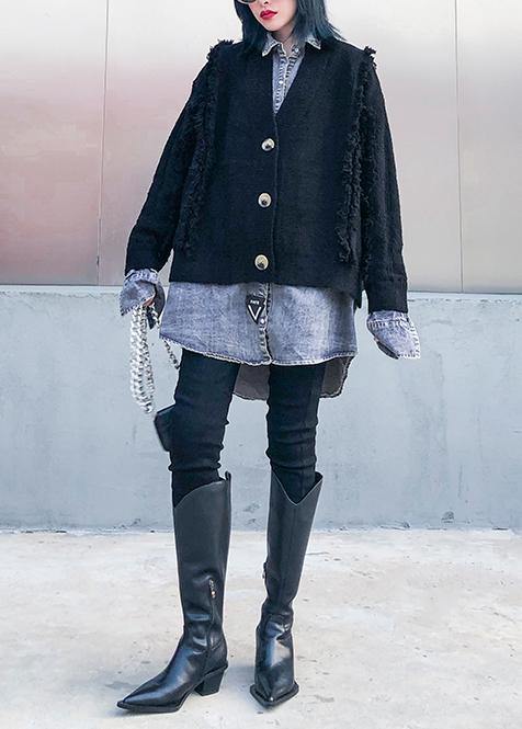 For Spring black knit cardigans oversize knitwear lapel patchwork tops - SooLinen