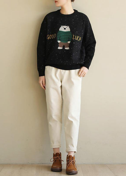 For Spring black knit tops o neck Loose fitting Cartoon print knitted blouse - SooLinen