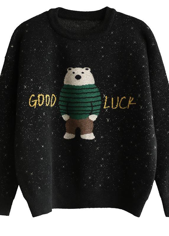 For Spring black knit tops o neck Loose fitting Cartoon print knitted blouse - SooLinen