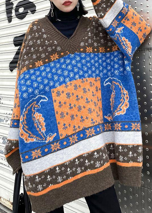 For Spring chocolate print knit tops trendy plus size v neck patchwork Blouse - SooLinen