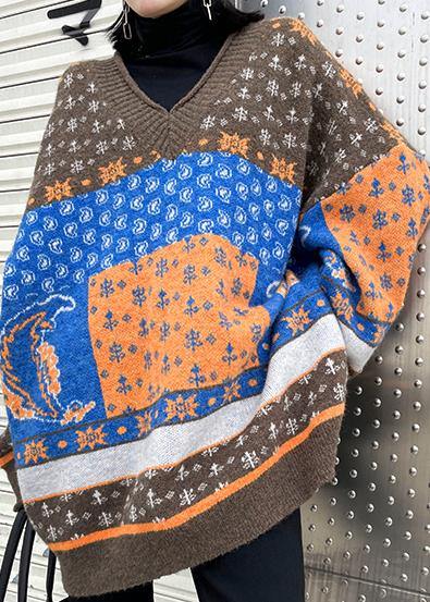 For Spring chocolate print knit tops trendy plus size v neck patchwork Blouse - SooLinen