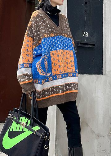 For Spring chocolate print knit tops trendy plus size v neck patchwork Blouse - SooLinen